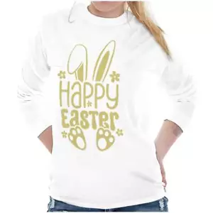 Spring Happy Easter Bunny Ears Paw Print Long Sleeve T Shirt Tees For Women - Picture 1 of 7
