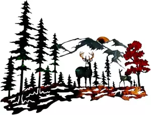 Metal Deer Wall Decor Forest Deer Mountain Metal Wall Art Rustic Cabin Wildlife - Picture 1 of 12