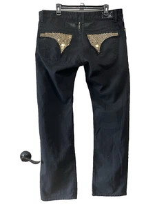 ROBIN'S Jean Black Jeans Full Flap Gold Swarovski Studs Mens Sz. 38 Wings EUC - Picture 1 of 15