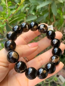 Natural Black Coral 13.5mm bead bracelet, -Wrist 17cm, Certificate - Picture 1 of 6