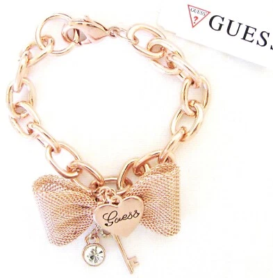 НОВЫЙ РОЗОВОЕ ЗОЛОТО ТОН GUESS ЦЕПОЧКА ССЫЛКА БРАСЛЕТ СЕТКИ БАНТ ВИСЯ ПОДВЕСКИ - Изображение 1 из 2