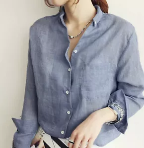 Linen Blouse Blue Gray White Collar Shirt Spring Korean Fashion Women’s Clothing - Picture 1 of 9