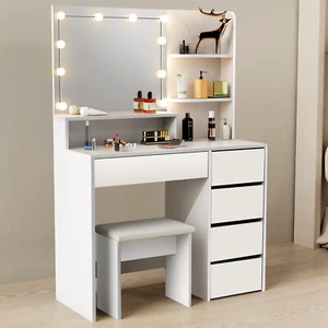 Große Schminktisch Frisiertisch Kosmetiktisch mit Spiegel Hocker LED-Beleuchtung - Bild 1 von 13