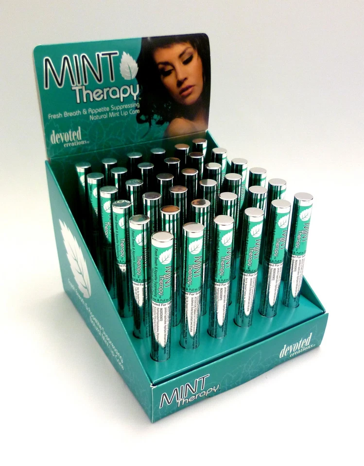 DEVOTED CREATIONS "MINT LIP THERAPY" .08Z, 36-PC COUNTER DISPLAY- BRAND NEW - Image 1 of 4