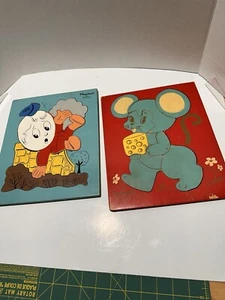 Vintage 1960’s Playskool Wooden Puzzles Set Of 2 Humpty Dumpty /Moocher Mouse - Picture 1 of 12