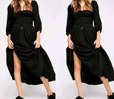 Free People Oasis Dress Cotton Gauze Peasant Romantic Feminine Black  XS - Image 1 of 4