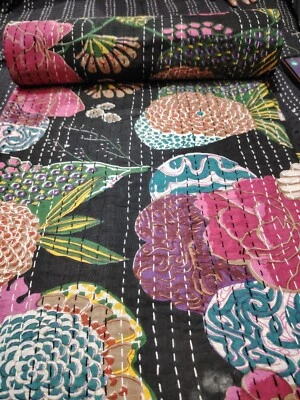 Indian Handmade Kantha Quilt Black Floral Print King Size Bedspread Blanket - Image 1 of 4