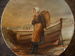 Dipinto antico ragazza tavola artista olio 1858 ? Reti da barca donna pesca sconosciuta - Foto 1 di 12