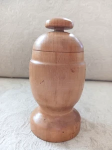 Vintage Light Wood Turned Treen Ware Covered Container Box w Finial Lid 6" Egg S - Picture 1 of 8