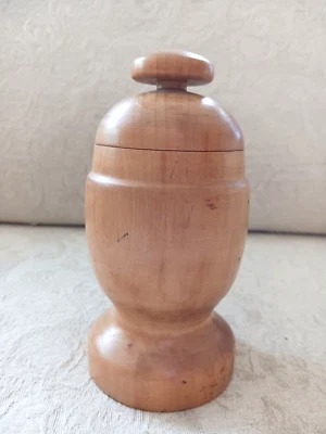 Vintage Light Wood Turned Treen Ware Covered Container Box w Finial Lid 6" Egg S - Image 1 of 4