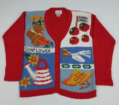 Cárdigan Suéter Vintage Años 90 Jardín Flor Tomate Parche Patrón Raro De Colección Foto 1 de 4
