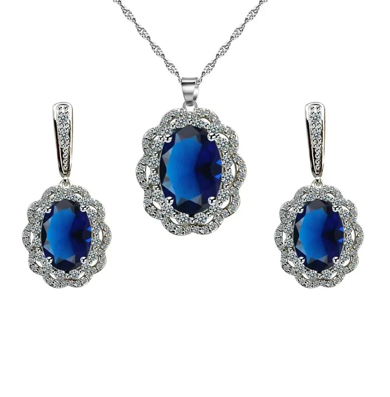 18K White Gold Created Oval Blue & White CZ Halo Earrings & Necklace Set Plated - Image 1 of 1