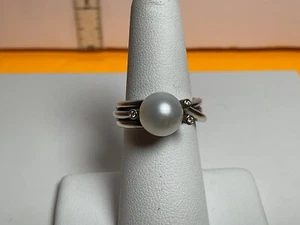 Pandora Woven Splendor Pearl And 14k Diamond Ring Sz 7 Retired - Picture 1 of 11