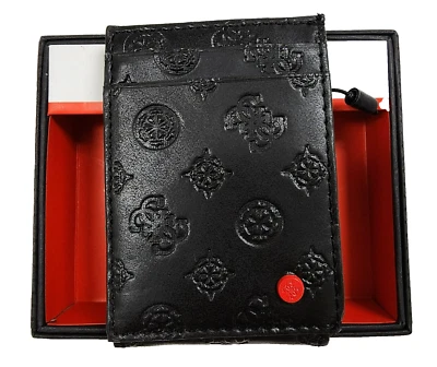 Nuevo GUESS Negro Rojo Acento, Relieve Logo Cuero Hombre Cartera Plegable - Imagen 1 de 4