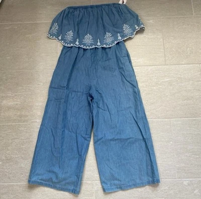 New Jessica Simpson Strapless Chambray Ruffle Crop Jumpsuit, Small - Image 1 of 4