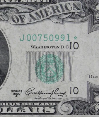 $20 1950A Star Federal Reserve Note J00750991* series A, twenty $, Kansas City - Image 1 of 3