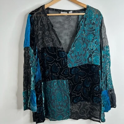 Top Kimono Transparente Chicos Patchwork Terciopelo Burnout Verde Azulado Negro Talla 2 (XL) Whimsigoth Foto 1 de 4