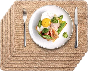 Woven Placemats Set of 6, 17" X 12" Rattan Table Mats, Natural Water Hyacinth Ch - Picture 1 of 8