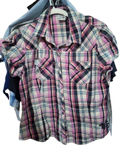 Harley Davidson Button Up Shirt Womens Xl Pink Plaid Embroidered Studded - HD - Picture 1 of 5