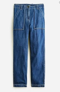 NWT J.Crew Chambray Cargo Pants Women 4 Blue Linen Blend Patch Pockets - Picture 1 of 4