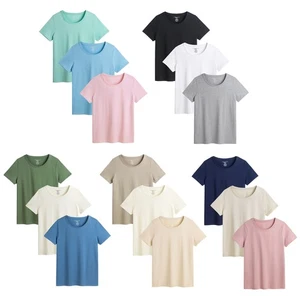 Ladies T-Shirt 3 Pack Coloured 100% Cotton T-Shirts Tee Crew Neck Size S-4XL - Picture 1 of 31