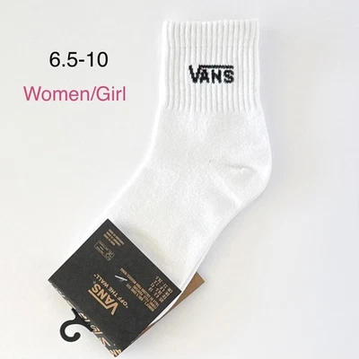 Women’s Vans Half Crew Socks 1 Pair White Black Size 6.5-10 Ribbed Cuff  - Image 1 of 4