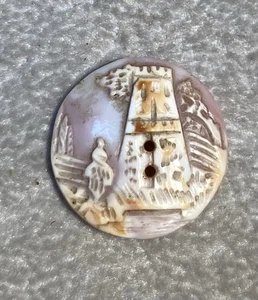 Antique Victorian Carved conch Shell Button Scene With Woman & Castle 3/4” Diame - Picture 1 of 3