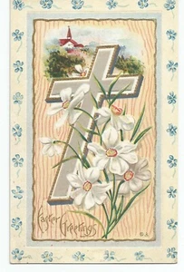 Ostergrüße Kreuz Kirche Narziss Blume Rand Nash unverpostet Postkarte - Bild 1 von 2