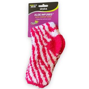 Airplus Aloe Infused Socks Pink White ZEBRA STRIPES Fuzzy Warm Winter Socks NEW