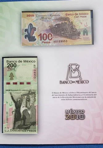 100 and 200 Pesos 2010 Mexico 2 Banknote Commemorative Set with Folder Cover