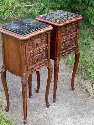 Antique French walnut carved nightstand end table pair with marble stone insert - Image 1 of 4