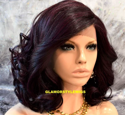 LACE FRONT FULL WIG BOB WAVY LAYERED SIDE PART BLACK BURGUNDY MIX #99J HEAT OK - Imagem 1 de 4