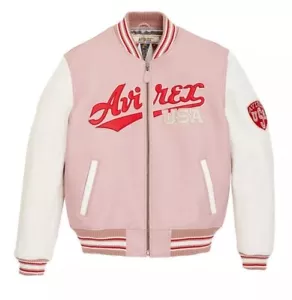 Men's Avirex USA Pink Script Varsity Biker Genuine Cow Leather Bomber Jacket - Picture 1 of 7