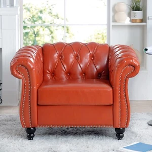 PU Chesterfield Single Sofa Rolling Arm Sofa Genuine Leather for Living Room - Picture 1 of 84