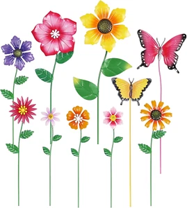 Garden Decorations - Set of 10 Metal Flower Stakes, Multi-Color Yard Art for Out - Picture 1 of 12