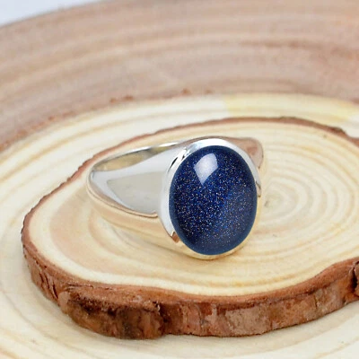 Ювелирные изделия мужское кольцо ручной работы из серебра 925 пробы с голубым золотым камнем овальной огранки - Изображение 1 из 3