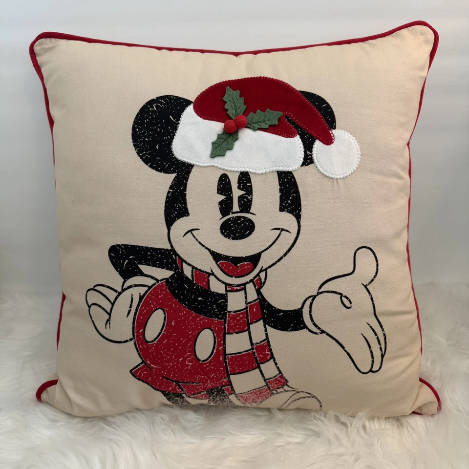 Disney Christmas Santa Mickey Mouse 20x20 Throw Pillow Tan Red Green Holidays - Image 1 of 4
