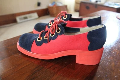 VTG 60'S 70'S ORANGE & NAVY CANVAS & SWEDE LACE UP CONNIE SHOES SZ 7 AA AAAA - Image 1 of 4