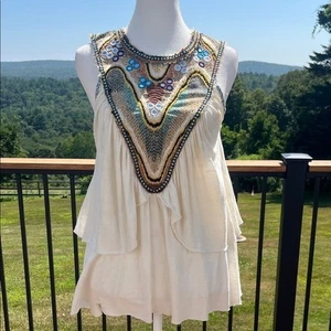 VTG Free People Embellished Boho Tank Top Beaded Yoke Ivory Size S asymetrical - Picture 1 of 10