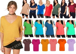 Women Oversized Baggy Top Ladies Loose Fit Turn up Batwing Sleeve V Neck T shirt - Picture 1 of 48