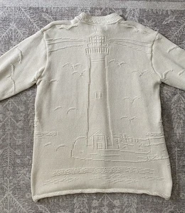 VTG Binghamton Knitting Co Nautical Lighthouse Cape Cod Sailboat Cream Sweater - Picture 1 of 5