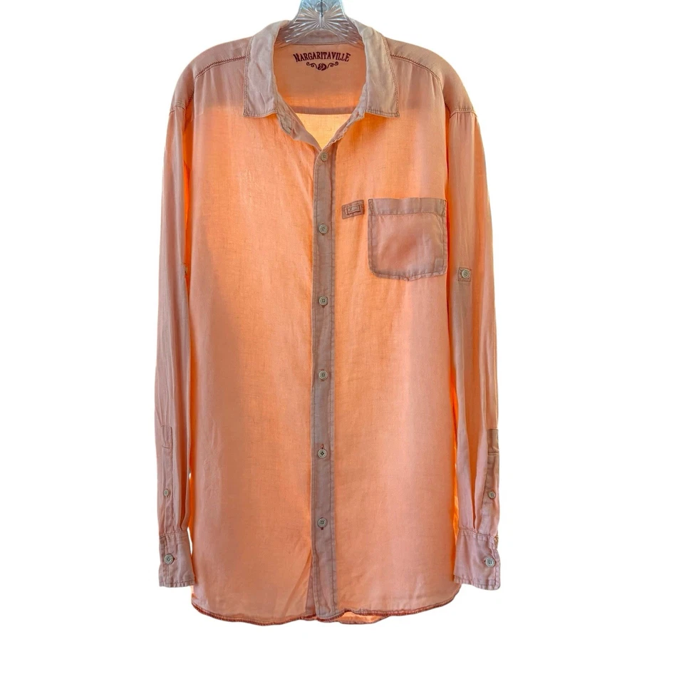 Margaritaville LINEN Men's XL Long Sleeve Button Up Roll Tab Shirt Coral Pink - Image 1 of 4