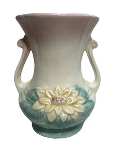 VTG Vase Hull Pottery 6.5 Water Lilly Pink Turquoise L-4 Granny Cottage Core 50s - Picture 1 of 7