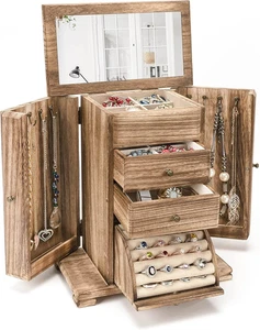 Emfogo Jewelry Box for Women, Rustic Wooden Jewelry Boxes & Organizers with Mirr - Picture 1 of 12