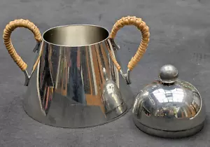 Nick Munro vintage bullet sugar bowl pot pewter metal wicker handle - Picture 1 of 10