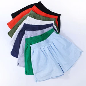 Women High Elastic Waist Shorts Cotton Linen Pockets Half Pants Solid Summer Mid - Picture 1 of 20