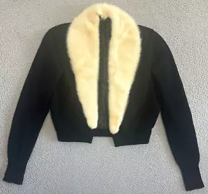 Vintage Womens 50s Fur Collar Cardigan Sweater Large Black Ivory Cream Lambswool - Picture 1 of 22
