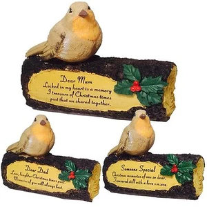 New Graveside Robin Log Festive Christmas Flower Memorial Plaques Ornament Stone - Picture 1 of 7