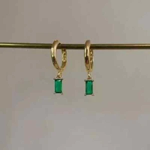 Natural Green Emerald 4.00Ct Emerald Cut Drop Earrings 14k Yellow Gold Plated - Picture 1 of 8