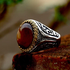 Luxurious Brown Tiger Eye Stone Signet Ring Stainless Steel Retro Wedding Ring - Picture 1 of 5